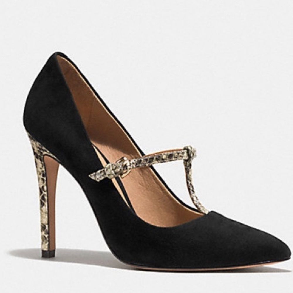 COACH Fulton Black Suede Leather T-Strap Shoes Stiletto Heels Women’s Size 7